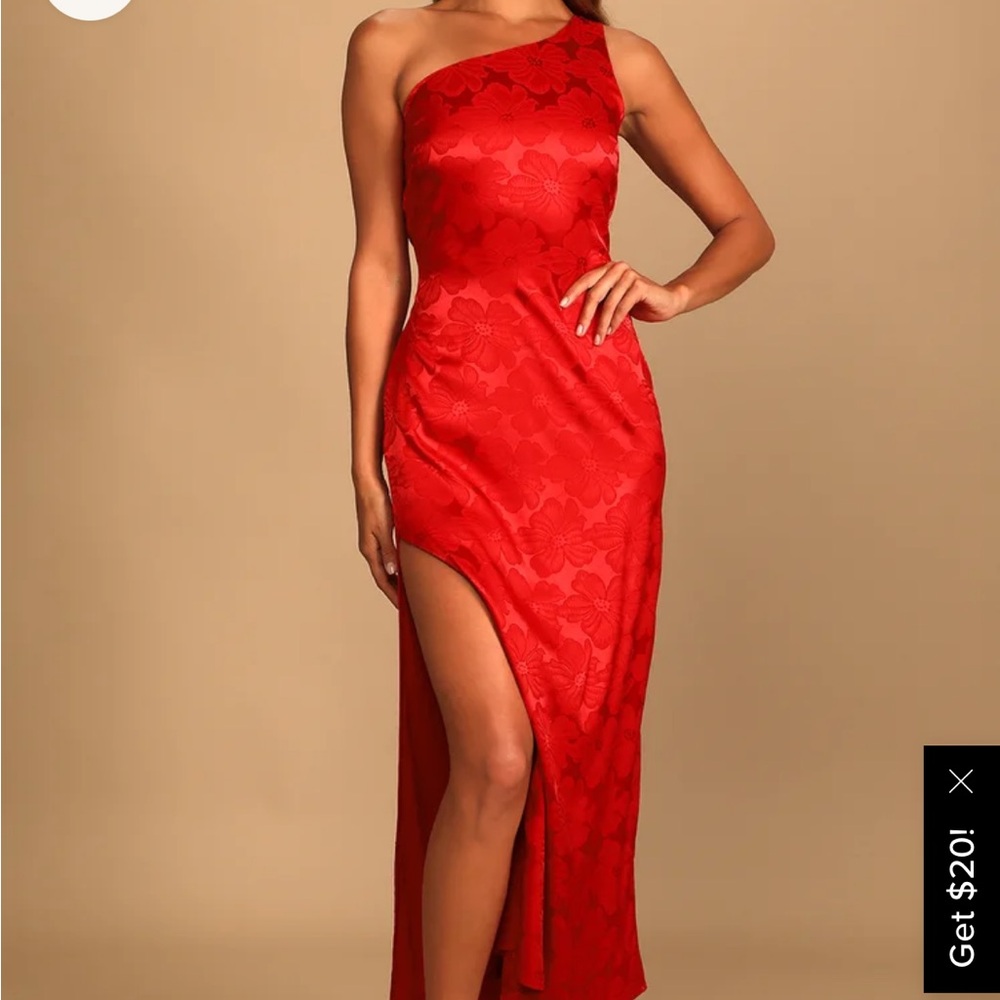 NWT Lulus Chasing Desire Red Satin Jacquard One-Shoulder Maxi Dress